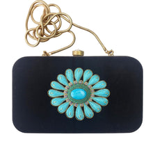 Load image into Gallery viewer, Exclusive black minaudiere clutch bag hand embroidered with large turquoise silk flower and inlaid with turquoise stone.