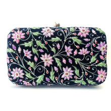 Load image into Gallery viewer, Luxury navy velvet clutch bag embroidered with lavender purple and silk flowers and embellished with rubies.