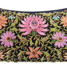 Load image into Gallery viewer, Hand embroidered luxury black purse with pink lotus flower and ruby gemstones, zardozi clutch, close up view.