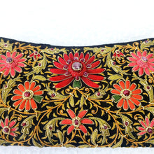 Load image into Gallery viewer, Hand embroidered red silk lotus flowers on black silk handbag inlaid with star ruby and ruby gemstones, zardozi embroidery.