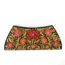 Load image into Gallery viewer, Luxury embroidered red floral silk evening clutch bag on black silk and embellished with star ruby and ruby gemstones, zardozi clutch.