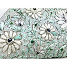 Load image into Gallery viewer, Luxury hand embroidered gray silk handbag with white silk flowers and blue sapphire beads, zardozi embroidery.