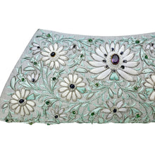 Load image into Gallery viewer, Designer gray clutch bag with white flowers and amethyst gemstone, zardozi purse.