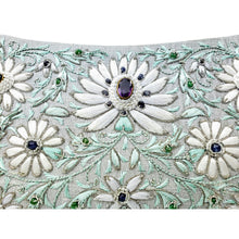 Load image into Gallery viewer, Wedding clutch bag embroidered with white flowers on gray silk and embellished with genuine amethyst and blue sapphire beads, zardozi evening bag, close up view.