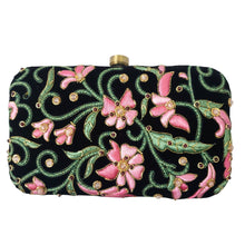 Load image into Gallery viewer, Luxury black velvet clutch bag minaudiere hand embroidered with pink silk flowers and embellished with garnet gemstones, zardozi handbag.