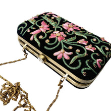 Load image into Gallery viewer, Exclusive designer black handbag with pink flowers, zardozi embroidery.