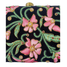Load image into Gallery viewer, Hand embroidered luxury black velvet box clutch with pink flowers and green leaves all over and inlaid with garnet gemstones, zardozi evening bag, close up view.
