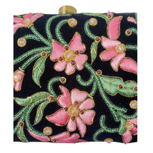 Load image into Gallery viewer, Hand embroidered luxury black velvet box clutch with pink flowers and green leaves all over and inlaid with garnet gemstones, zardozi evening bag, close up view.