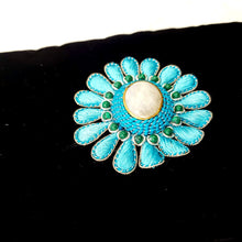 Load image into Gallery viewer, Hand embroidered small crossbody bag sling bag with turquoise blue flower inlaid with moonstone and malachite gemstones, close up view.
