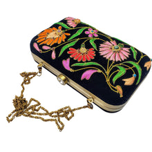Load image into Gallery viewer, Hand embroidered black velvet minaudiere box clutch with pink and orange flowers and embellished with semi precious stones, zardozi embroidery. 
