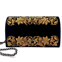 Load image into Gallery viewer, Embroidered Floral Black Velvet Clutch
