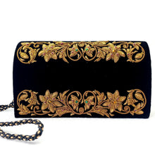 Load image into Gallery viewer, Luxury black velvet evening clutch bag hand embroidered with antique gold colored flowers and embellished with semi precious gemstones, floral wedding clutch, black and antique gold zardozi purse.