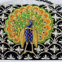 Load image into Gallery viewer, Exclusive vintage inspired embroidered peacock on black velvet handbag, close up view, zardozi work. 
