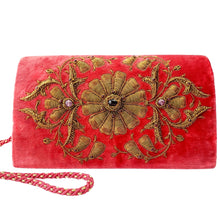 Load image into Gallery viewer, Luxury salmon red velvet evening clutch bag embroidered with large central flower in antique gold and embellished with genuine gemstones, floral wedding clutch, gold and red zardozi purse.