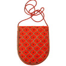 Load image into Gallery viewer, Luxury orange velvet slim crossbody bag embroidered with metallic gold threads and inlaid with black onyx gemstones, zardozi purse.