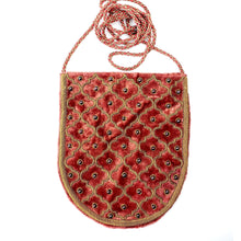 Load image into Gallery viewer, Hand embroidered luxury rust colored velvet crossbody bag with antique gold embroidery and inlaid with garnet gemstones, zardozi.
