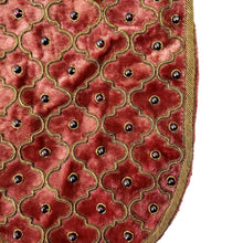 Load image into Gallery viewer, Luxury rust colored velvet and antique gold embroidered crossbody bag with garnet gemstones, zardozi crossbody bag. 
