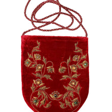 Load image into Gallery viewer, Luxury red velvet crossbody bag hand embroidered with antique gold metallic threads and inlaid with genuine semi precious stones, zardozi crossbody bag.