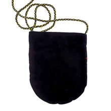 Load image into Gallery viewer, Luxury black velvet crossbody bag with cord, zardozi purse, rear view.