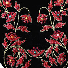 Load image into Gallery viewer, Hand embroidered red and gold vines and flowers on black velvet crossbody bag, zardozi embroidery, close up view.