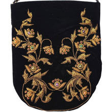 Load image into Gallery viewer, Brown and antique gold embroidered crossbody bag inlaid with semi precious stones, zardozi embroidery., close up view.