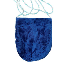 Load image into Gallery viewer, Crushed blue velvet crossbody bag with cord strap, rear view.
