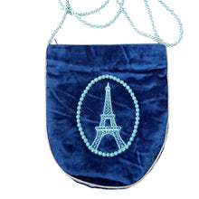 Load image into Gallery viewer, Eiffel Tower hand embroidered on a blue velvet crossbody bag, outlined with turquoise beads, zardozi purse.