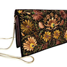 Load image into Gallery viewer, Exclusive brown velvet evening clutch bag hand embroidered with brown and gold flowers and embellished with rubies and onyx, zardozi, side view.