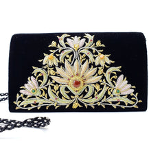 Load image into Gallery viewer, Black velvet luxury evening clutch bag embroidered with pink and yellow pastel flowers in a central triangular pattern and embellished with genuine semi precious gemstones, floral wedding clutch, black and pastel zardozi purse.