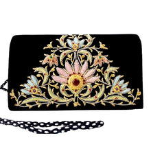 Load image into Gallery viewer, Black velvet luxury evening clutch bag embroidered with pink and blue pastel flowers in a central triangular pattern and inlaid with genuine semi precious gemstones, floral wedding clutch, black and pastel zardozi purse.