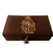 Load image into Gallery viewer, Luxury hand embroidered and handcrafted brown silk keepsake box, with floral design, zardozi work.