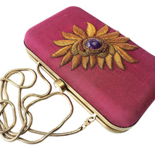 Load image into Gallery viewer, Luxury pink silk minaudiere clutch bag embroidered with large central copper flower and embellished with amethyst and rubies, zardozi.
