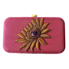 Load image into Gallery viewer, Luxury pink silk hard case clutch hand embroidered with metallic copper flower and inlaid with amethyst gemstone, zardozi purse. 
