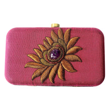 Load image into Gallery viewer, Luxury pink silk hard case clutch hand embroidered with metallic copper flower and inlaid with amethyst gemstone, zardozi purse.