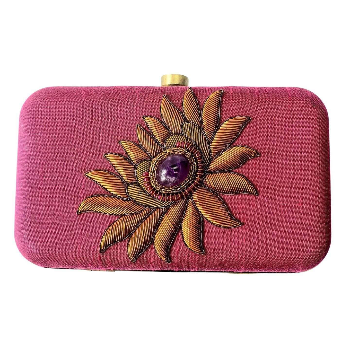 Luxury pink silk hard case clutch hand embroidered with metallic copper flower and inlaid with amethyst gemstone, zardozi purse. 
