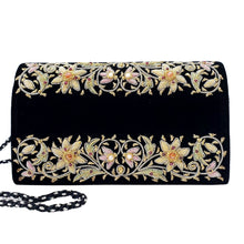 Load image into Gallery viewer, Luxury black velvet evening clutch bag embroidered with pastel flowers and embellished with semi precious stones, floral wedding clutch, black and pastel zardozi purse.