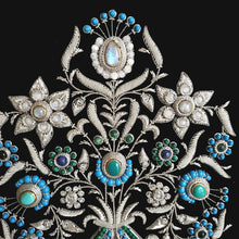 Load image into Gallery viewer, Exotic floral embroidered tapestry with moonstone, turquoise, malachite and lapis lazuli, close up view.