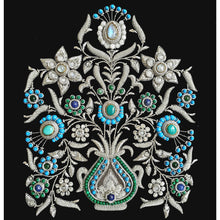 Load image into Gallery viewer, Unique three dimensional embroidered black velvet tapestry using turquoise, malachite, moonstone, lapis lazuli stones, gemstone home decor, close up view.