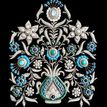 Load image into Gallery viewer, Gemstone floral tapestry with turquoise, malachite, moonstone, zardozi art. 
