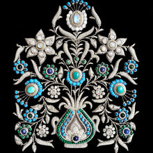 Load image into Gallery viewer, Gemstone floral tapestry with turquoise, malachite, moonstone, zardozi art.