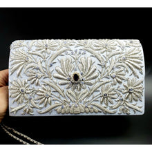 Load image into Gallery viewer, Silver and blue bridal clutch bag with amethyst gemstone, zardozi purse. 
