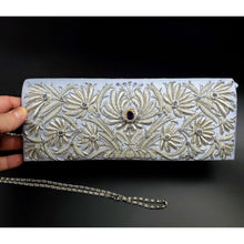 Load image into Gallery viewer, Bridal clutch bag hand embroidered silver lotus flower on pale blue silk rectangular clutch bag with amethyst, zardozi clutch
