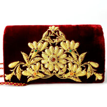 Load image into Gallery viewer, Luxury claret red evening clutch bag embroidered with yellow gold central flower in triangular shape and embellished with genuine gemstones, opulent formal clutch, red and gold zardozi purse.