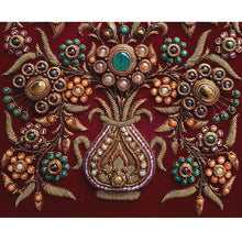 Load image into Gallery viewer, Vase detail of zardozi embroidered floral gemstone tapestry, close up view.