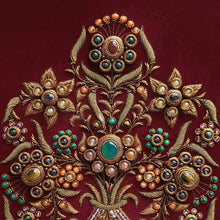 Load image into Gallery viewer, Luxury hand embroidered gemstone wall art with copper and bronze metallic finish on burgundy red velvet, zardozi work.