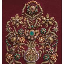 Load image into Gallery viewer, Gemstone wall art, burgundy velvet tapestry embroidered with gemstones including tiger eye, onyx, malachite, amethyst and carnelian., zardozi tapestry.