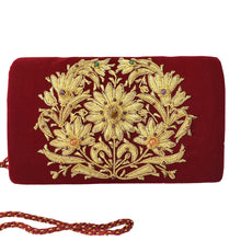 Load image into Gallery viewer, Luxury red velvet evening clutch bag embroidered with large central floral wreath in yellow gold color and embellished with genuine gemstones, floral wedding clutch, red and gold zardozi purse.