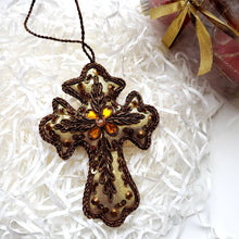 Load image into Gallery viewer, Gold cross holiday hanging ornament with crystals, sequins and hand embroidery. 
