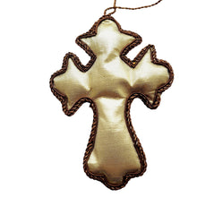 Load image into Gallery viewer, Hand embroidered gold cross hanging ornament, back view. 
