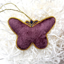 Load image into Gallery viewer, Hand embroidered Holiday ornament, mauve butterfly, reverse view.